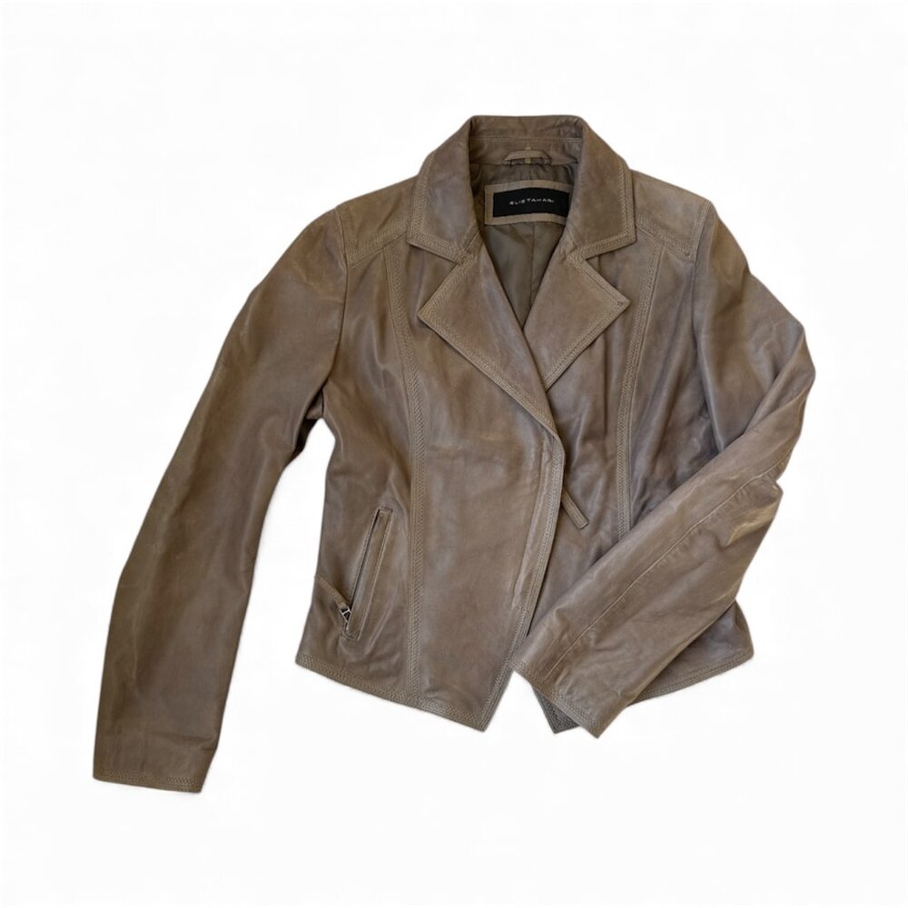 Elie Tahari Genuine Leather Jacket | Taupe Moto Blazer | Size M